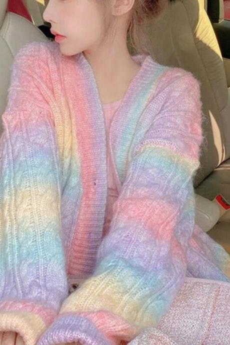 Rainbow Knitted Sweater Autumn Fall Winter Coat Front Button Cardigan Jacket