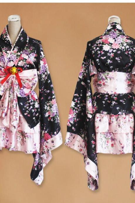 Anime Cosplay Costume Floral Dress Kimono Japanese Women Lolita Maid Uniform