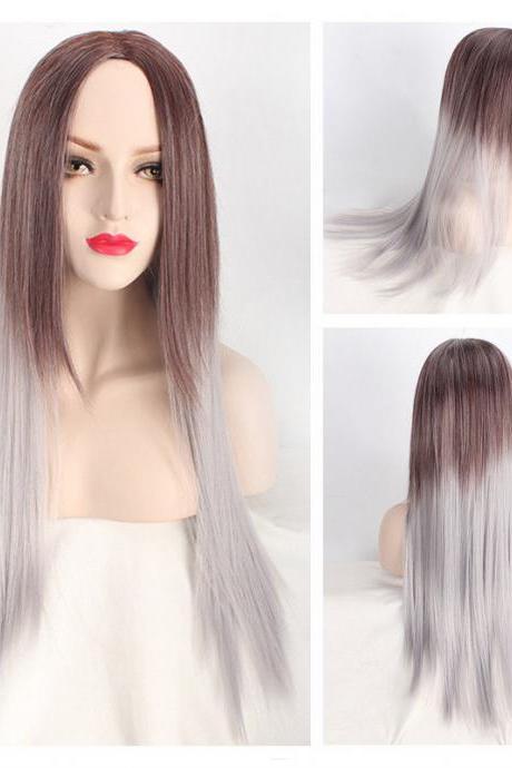 Women&amp;#039;s Long Straight Full Wig Heat Resistant Hair Brown Ombre Grey Party Wigs