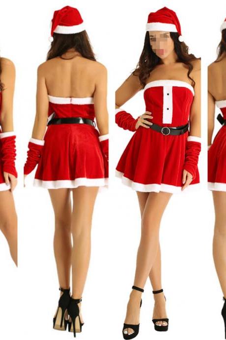 Christmas Xmas Party Santa Cosplay Costume Fancy Dress Women Strapless Dresses Hooded Outfits