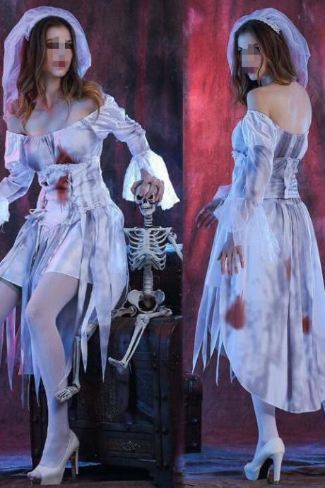 Women Halloween Costume Corpse Bride Fancy Dress Bridal Cosplay Ladies Ghost Scary Looks