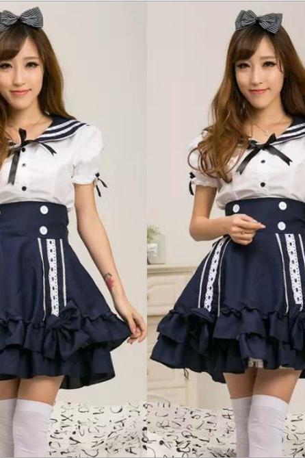 Cute Lovely Lolita School Girls Lady Sailor Suit Dress Navy Style Tops Skirt Casual Cosplay