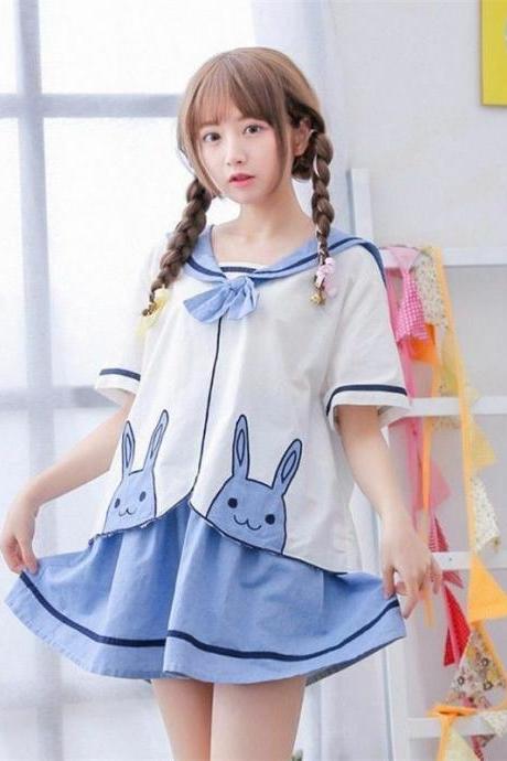 Fashion Loose Summer Preppy Blue Dress Lolita Girl Animal Logo Embroidery Top Skirt Suit