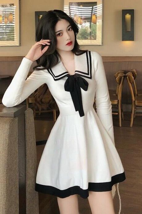 Attractive Beautiful Women Girls Lolita Bowknot Knitted Dress Jumper Basic Dress Sailor Dresses