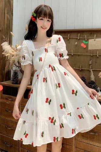Women SUN Liked Girls Lolita Cherry Printed Elastic Falbala Puff Sleeves A Line Casual Dress