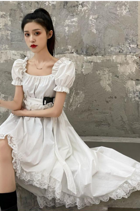 Trendy Ruffle Asymmetric Dress Gothic Lolita Puff Sleeve Midi Lace Black Color Fashion