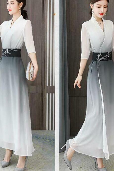 Lady Color Gradual Change Modified Chinese Long Dress Slant Breasted Slim Fit 3/4 Sleeves Dress