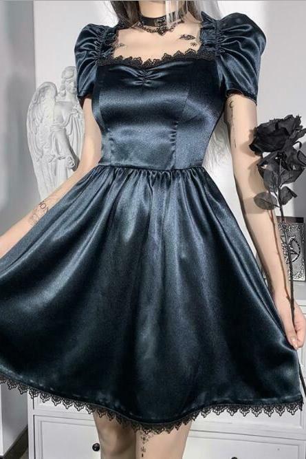 Women Temperament Gothic Satin Puff Sleeves Dresses Lace Trim Square Neck Short Flared Dress