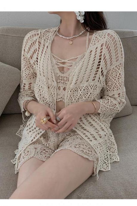 3 in 1 Suit Sexy Women Slim Crochet Knitted Lace Bikini Shorts Cover up Hot Spring Long Sleeved Swimsuit
