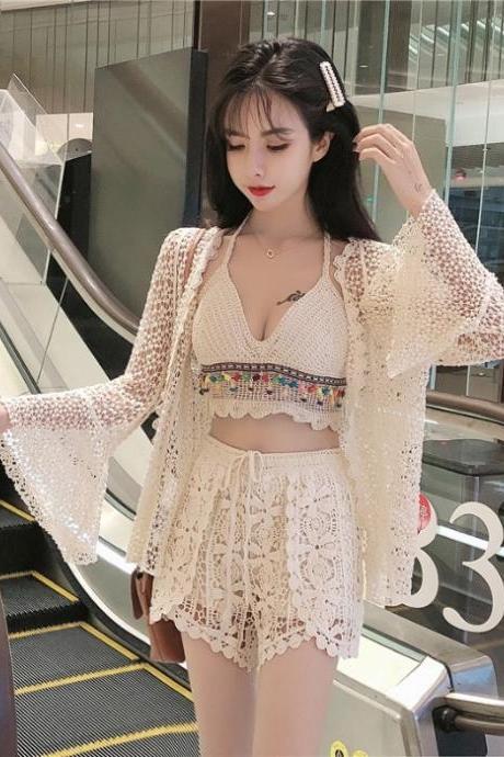3 in 1 Suit Sexy Women Covered Belly Crochet Knitted Lace Bikini Shorts Cover up Apricot Pattern Long Sleeved Swimsuit