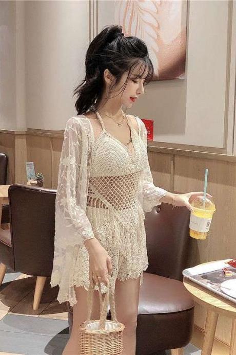 New 3 in 1 Suit Sexy Women Slim Crochet Knitted Lace Tube Top Shorts Elastic Waist Pattern Long Sleeved Swimsuit