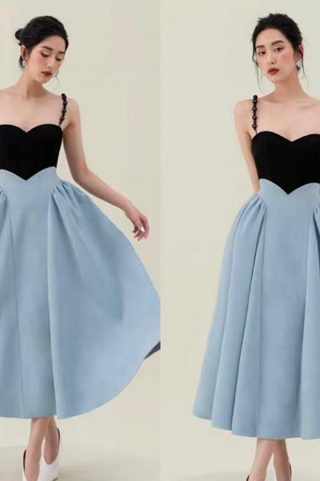 Spring Women Pearl Sling Blue Back Zipper Dress Stitching Big A Line Skirt