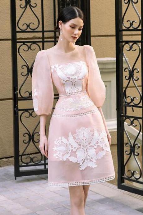 Fashionable Embroidery Temperament Spring A Line Pink 1/2 Sleeve Dress