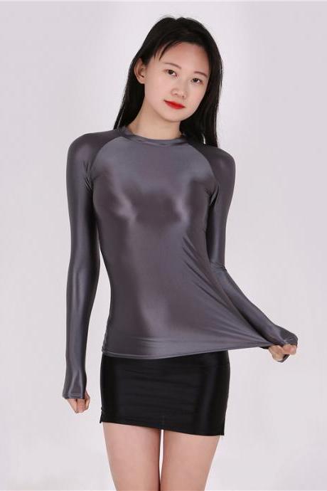 3x Women Smooth Shiny Stretchy Sport Gym Yoga Outfit Color Long Sleeve Shirt Topwear