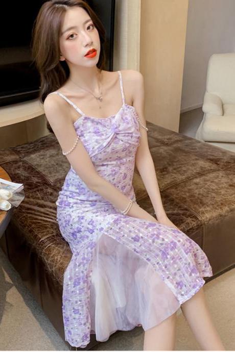 Good Quality French Design Outdoor Wear Fishtail Purple Floral A Line Dress