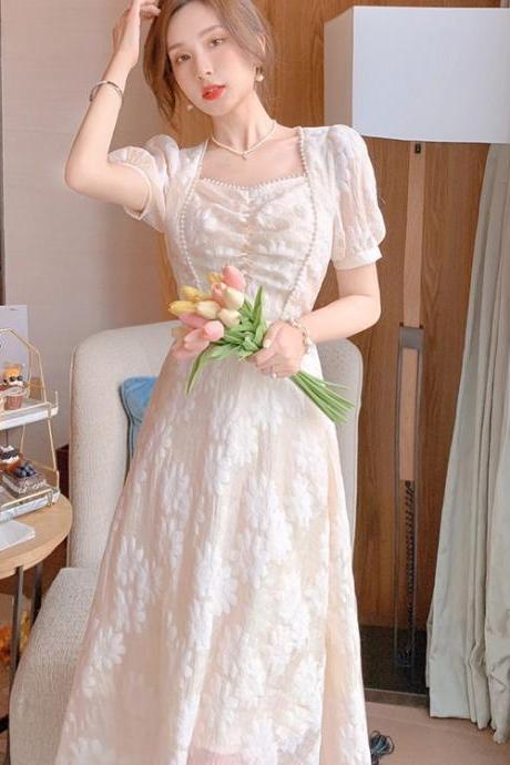 Good Quality French Style Square Collar Princess Beaded Waist Floral A Line Apricot Dress