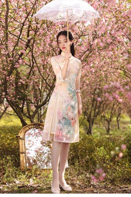 New Summer Young Women Elegant Retro Chinese Tide Slanted Placket Cheongsam Dress