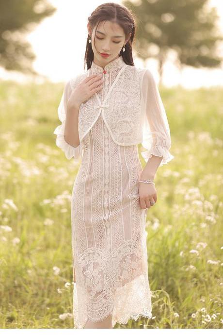 Summer Young Women Elegant Lace Shawl Two Piece Mid Length Cheongsam Dress