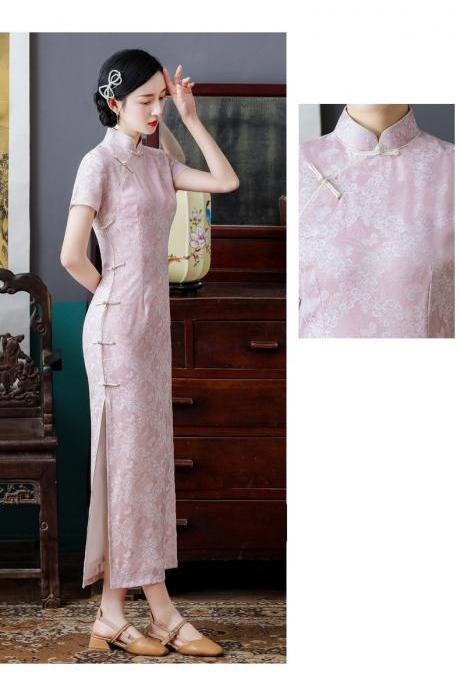 Summer Young Women Pink Jacquard Elegant Lace Mid Length Cheongsam Stand Collar Dress