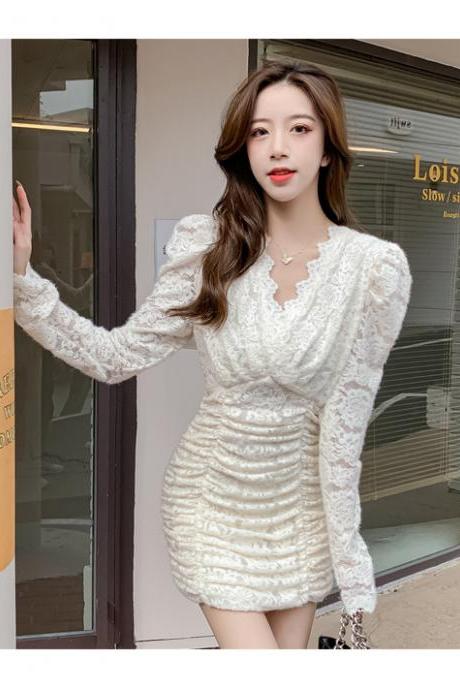 Spring Waist Slim V-neck Lace Long Sleeves Collage Fairy Dress