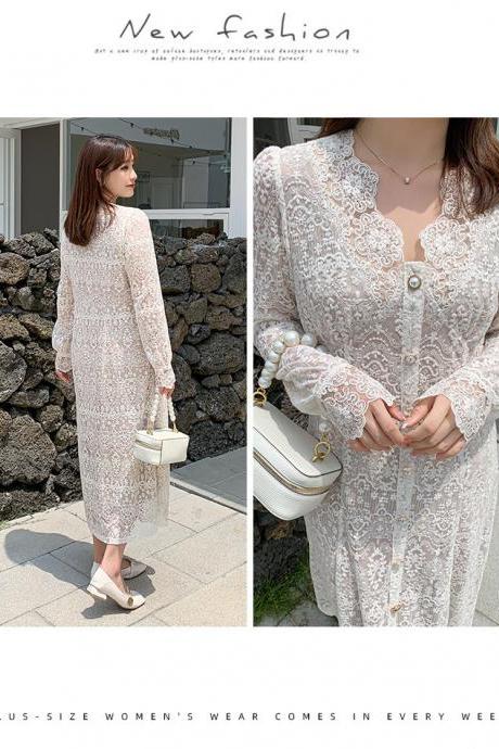 Large Extra Size Sweet Women Temperament Lace Hollow Buttons Dress
