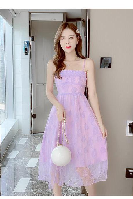 Retro Square Neck Sling Strap Skirt Sweet Lace Lovely Fairy Bell Flower Princess Dress