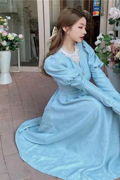Lace Stitching Fairy Long Sleeves Temperament Waist Round Neck Dress