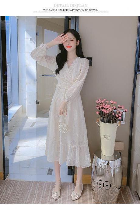 French Spring V Neck Lace Bottoming Clothing Temperament Fairy Skirt Dress