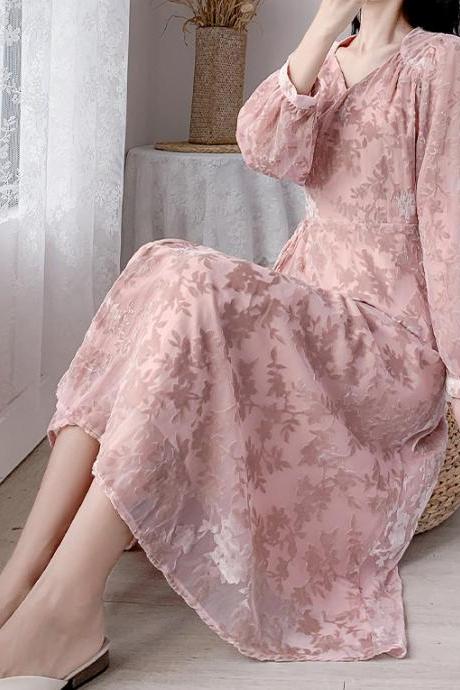 Trendy Style Temperament Sweet Chic Women Floral V Neck Velvet Pink Dress