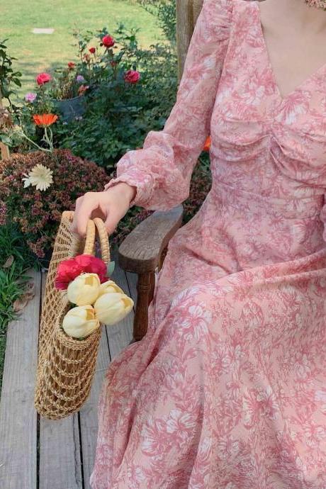 Coffee Tea Break Sweet Bell Flower Loose Waist A-line Long Pink Dress