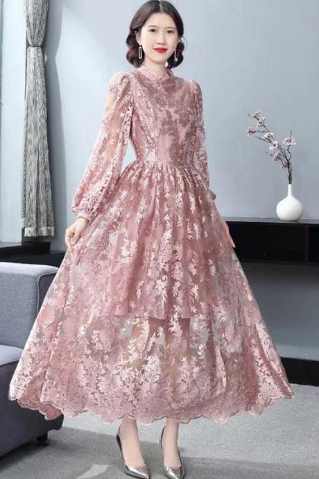 Elegant Temperament Stand Up Collar Long Sleeved pink Embroidered Floral Waist Mesh Dress