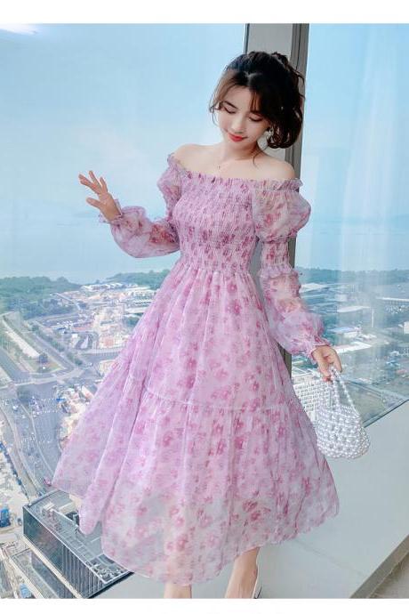 Long Sleeved Temperament Elastics Shoulder Comfortable Skirt Mesh Floral Fairy chiffon Dress