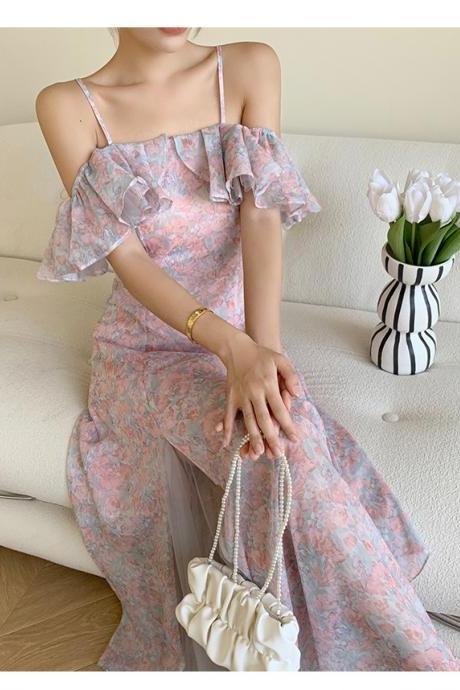 One Shoulder Floral Fairy Sweet Chiffon Fairy Floral A Line Dress