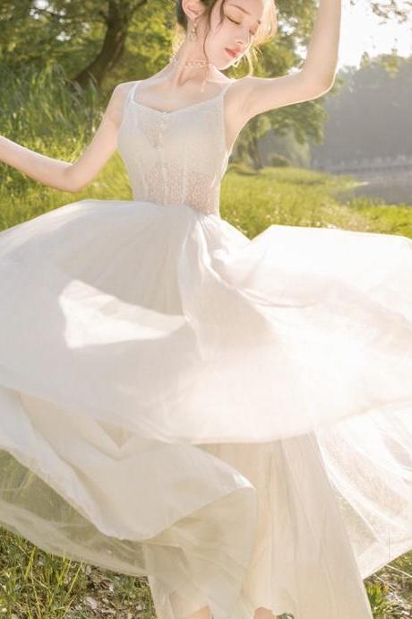 Sweet Elegant Stylish White Mesh Lace Romance Gauze Hollow Slip Big Swing Dress