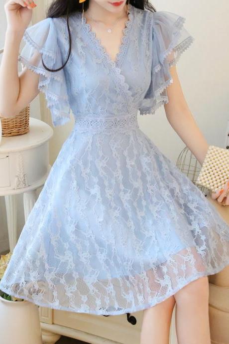Fairy Temperament V-neck Double-layer Lotus Leaf Sleeves super Sweet Lace Skirt