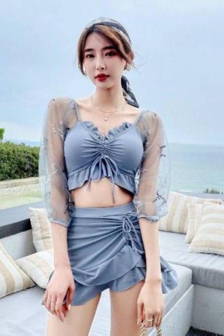 Spring Two Piece Thin Mesh Shoulder Pleated Front Bow Sold Color Swimsuit