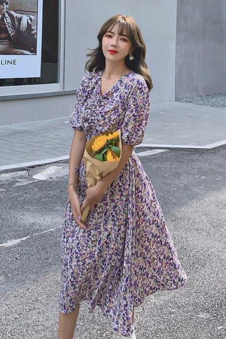 Women Retro Purple Chiffon Floral V Neck Short Sleeved Long Flare Dress