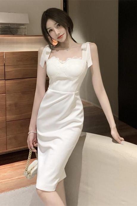 Retro White Temperament Tube Top Design Sling Banquet Party Dress