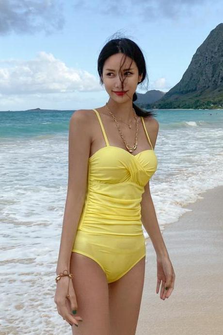 Sexy Women Retro Tight Fitting High Waisted One Piece Swimsuit Solid Color Beach Swimwear