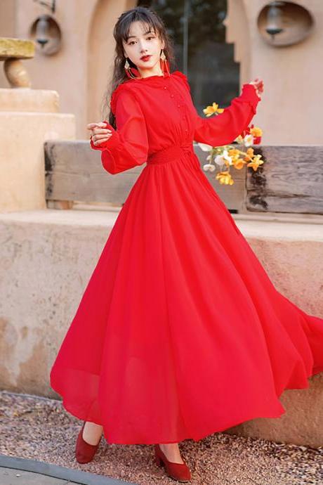 Women Red Seaside Holiday Ethnic Style Beach Skirt Elastic Waist Big Swing Long Dress