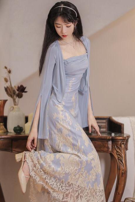 Elegant Fairy Blue Lace Anti UV Top Trumpet Sleeve Cardigan Suit Dress
