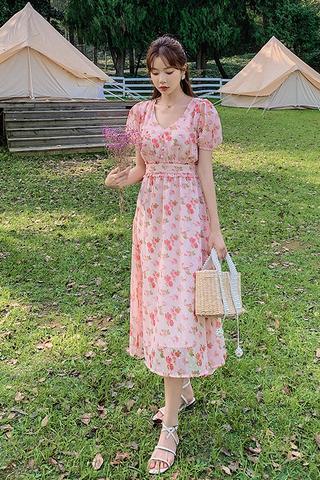 Cherry Blossom Flowers Printed Sweet V Neck Long Short Sleeved A Line Dress