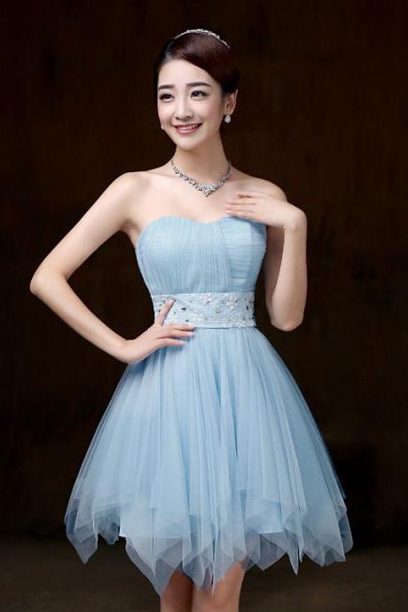 Beautiful Strapless Evening Light Blue Color Beading Prom Tutu Bridesmaid Dress
