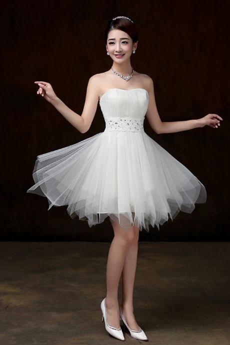 Beautiful Strapless Evening White Color Beading Prom Tutu Bridesmaid Dress