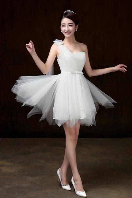 Attractive One Shoulder Evening White Color Beading Prom Tutu Bridesmaid Dress