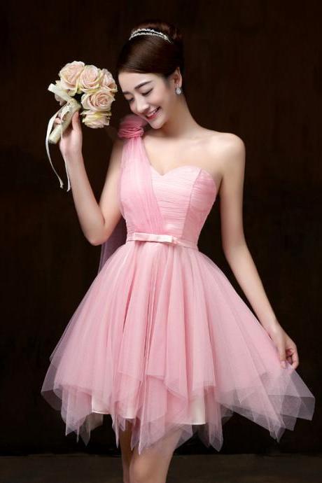 Attractive One Shoulder Evening Pink Color Beading Prom Tutu Bridesmaid Dress