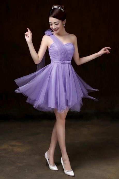 Attractive One Shoulder Evening Purple Color Beading Prom Tutu Bridesmaid Dress