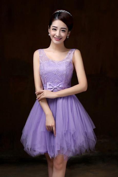Elegant Strap Evening Purple Color Beading Prom Tutu Bridesmaid Dress