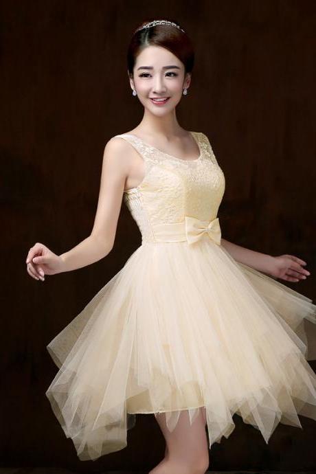 Elegant Strap Evening Light Yellow Color Beading Prom Tutu Bridesmaid Dress