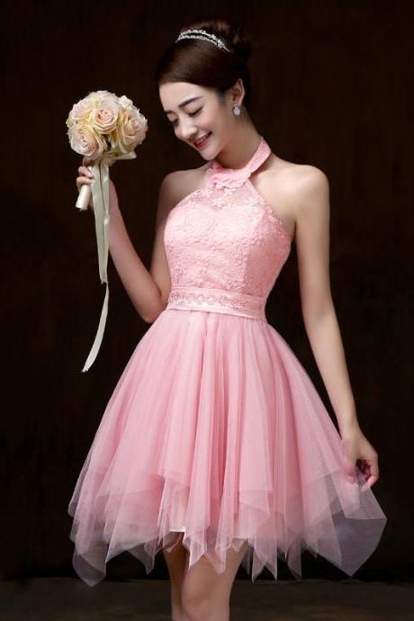 Evening Party Halter Light Pink Color Beading Prom Tutu Bridesmaid Dress